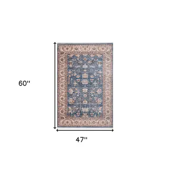 4' X 5' Navy Blue Beige And Brown Oriental Area Rug With Fringe