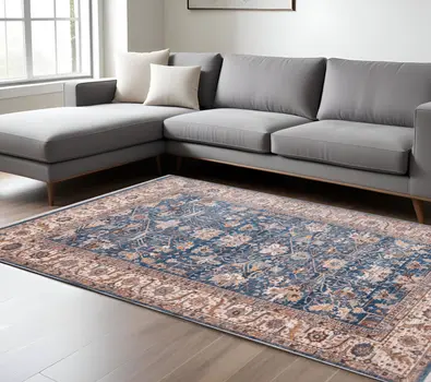 9' X 13' Navy Blue Beige And Brown Oriental Area Rug With Fringe