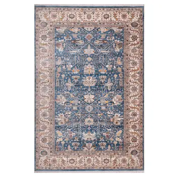 9' X 13' Navy Blue Beige And Brown Oriental Area Rug With Fringe