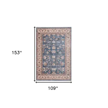 9' X 13' Navy Blue Beige And Brown Oriental Area Rug With Fringe