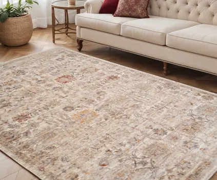 5' X 7' Ivory And Brown Floral Medallion Area Rug With Fringe