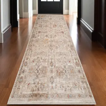 3' X 10' Ivory And Brown Floral Medallion Runner Rug With Fringe