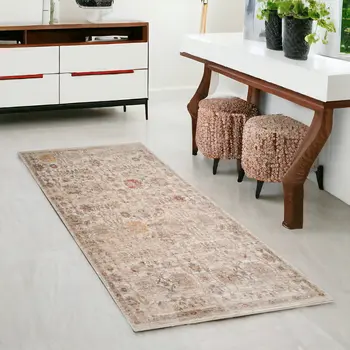 3' X 6' Ivory And Brown Floral Medallion Runner Rug With Fringe