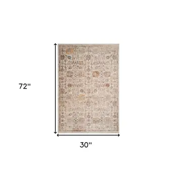 3' X 6' Ivory And Brown Floral Medallion Runner Rug With Fringe