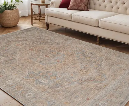 5' X 7' Blue And Sand Floral Medallion Area Rug With Fringe