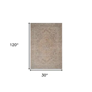 3' X 10' Blue And Sand Floral Medallion Runner Rug With Fringe