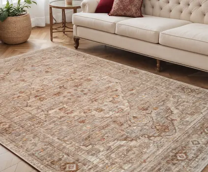 5' X 7' Beige And Brown Floral Medallion Area Rug With Fringe
