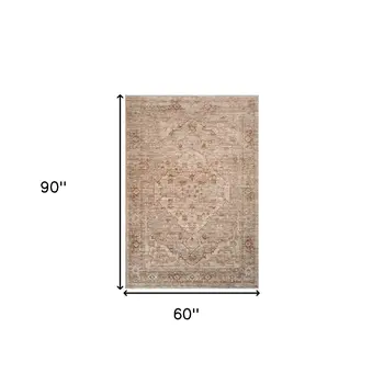 5' X 7' Beige And Brown Floral Medallion Area Rug With Fringe