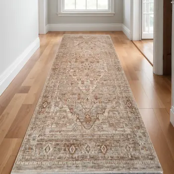 3' X 10' Beige And Brown Floral Medallion Runner Rug With Fringe