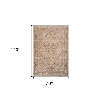 3' X 10' Beige And Brown Floral Medallion Runner Rug With Fringe
