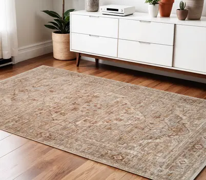 4' X 6' Beige And Brown Floral Medallion Area Rug With Fringe