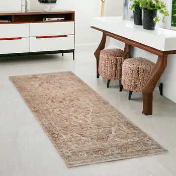 3' X 6' Beige And Brown Floral Medallion Runner Rug With Fringe
