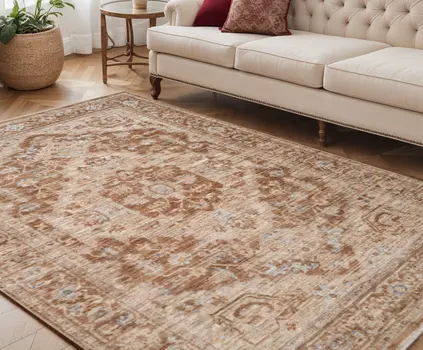5' X 7' Sand And Brown Floral Medallion Area Rug With Fringe