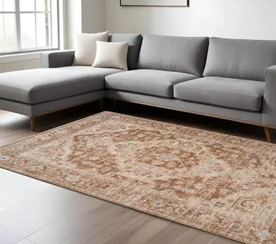 9' X 12' Sand And Brown Floral Medallion Area Rug With Fringe