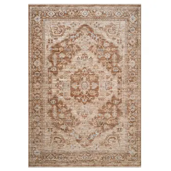 9' X 12' Sand And Brown Floral Medallion Area Rug With Fringe
