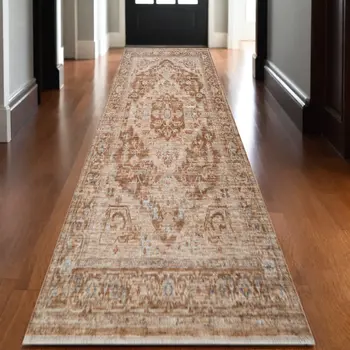 3' X 10' Sand And Brown Floral Medallion Runner Rug With Fringe