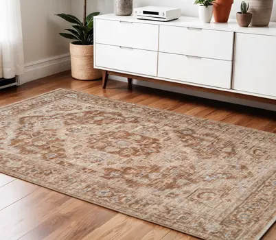 4' X 6' Sand And Brown Floral Medallion Area Rug With Fringe