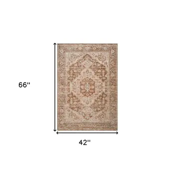 4' X 6' Sand And Brown Floral Medallion Area Rug With Fringe