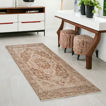 3' X 6' Sand And Brown Floral Medallion Runner Rug With Fringe