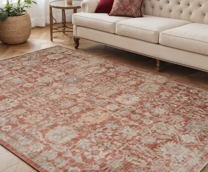 5' X 7' Brick Red And Gray Floral Medallion Area Rug With Fringe