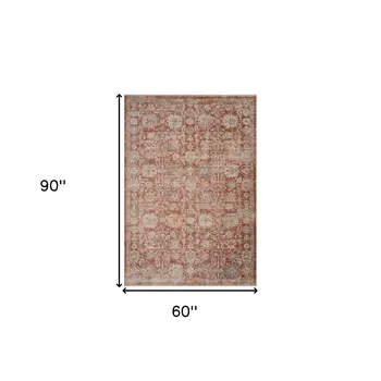 5' X 7' Brick Red And Gray Floral Medallion Area Rug With Fringe