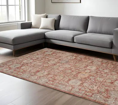 9' X 12' Brick Red And Gray Floral Medallion Area Rug With Fringe
