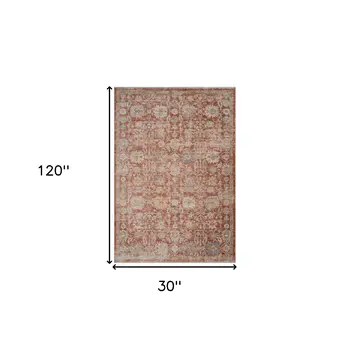 3' X 10' Brick Red And Gray Floral Medallion Runner Rug With Fringe