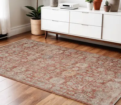 4' X 6' Brick Red And Gray Floral Medallion Area Rug With Fringe