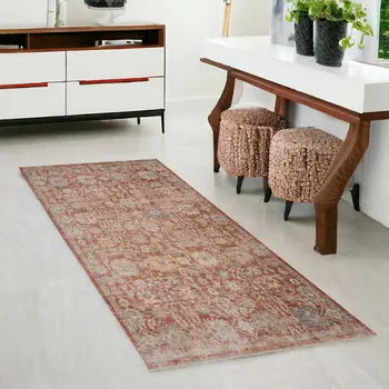 3' X 6' Brick Red And Gray Floral Medallion Runner Rug With Fringe