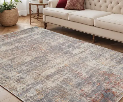 5' X 7' Gray Ivory And Brick Red Abstract Area Rug With Fringe