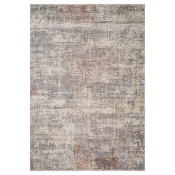 5' X 7' Gray Ivory And Brick Red Abstract Area Rug With Fringe