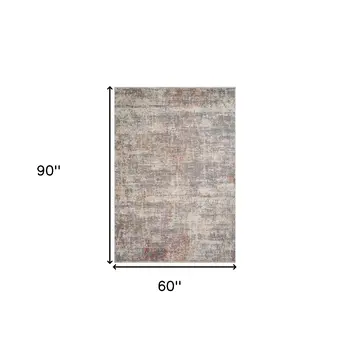 5' X 7' Gray Ivory And Brick Red Abstract Area Rug With Fringe