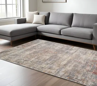 8' X 10' Gray Ivory And Brick Red Abstract Area Rug With Fringe