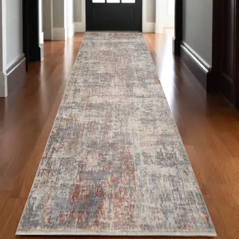 3' X 10' Gray Ivory And Brick Red Floral Medallion Runner Rug With Fringe