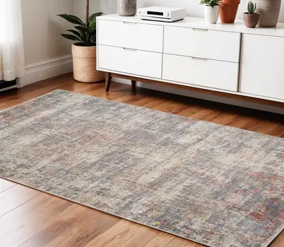 4' X 6' Gray Ivory And Brick Red Abstract Area Rug With Fringe
