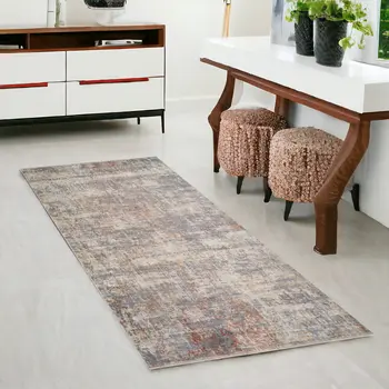 3' X 6' Gray Ivory And Brick Red Floral Medallion Runner Rug With Fringe