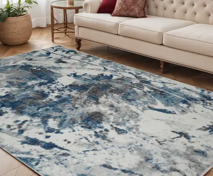 5' X 8' Ivory Teal And Black Abstract Area Rug