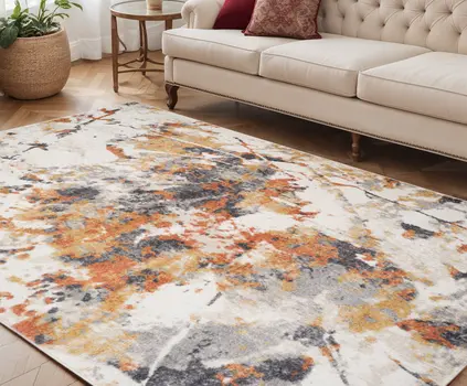 5' X 8' Ivory Orange And Gray Abstract Area Rug