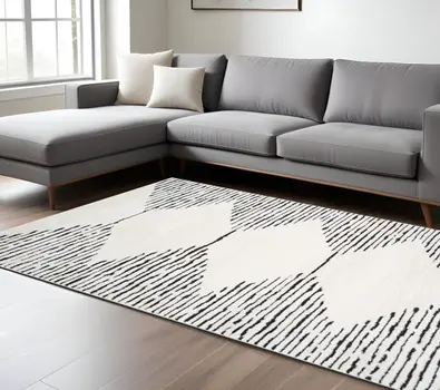 9' X 12' Ivory And Black Geometric Area Rug
