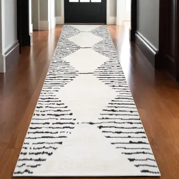 3' X 10' Ivory And Black Moroccan Runner Rug