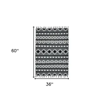 3' X 5' Gray White And Black Wool Tribal Flatweave Handmade Area Rug With Fringe