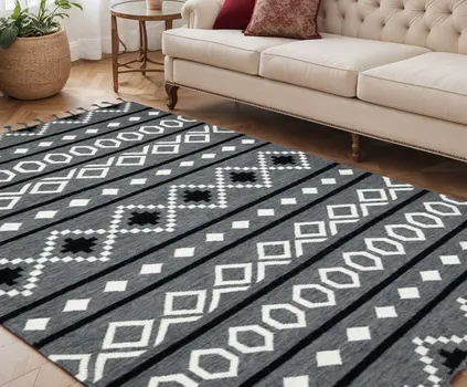 5' X 8' Gray White And Black Wool Tribal Flatweave Handmade Area Rug With Fringe