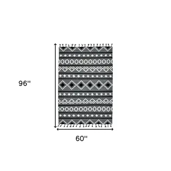 5' X 8' Gray White And Black Wool Tribal Flatweave Handmade Area Rug With Fringe