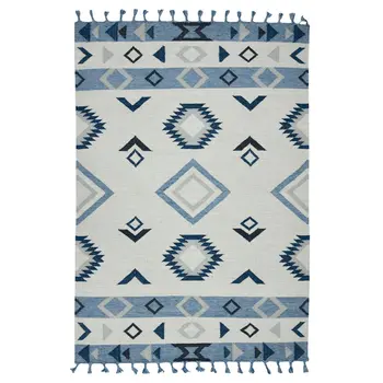 3' X 5' Sky Blue Gray And Black Wool Tribal Flatweave Handmade Area Rug With Fringe