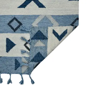 3' X 5' Sky Blue Gray And Black Wool Tribal Flatweave Handmade Area Rug With Fringe