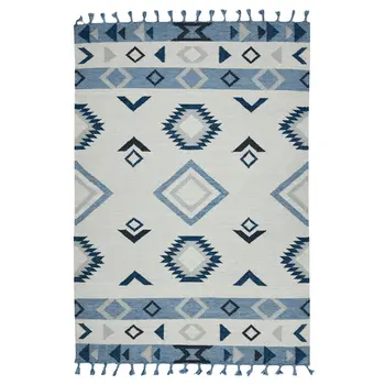 3' X 5' Sky Blue Gray And Black Wool Tribal Flatweave Handmade Area Rug With Fringe