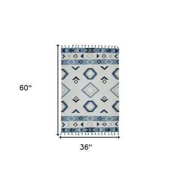 3' X 5' Sky Blue Gray And Black Wool Tribal Flatweave Handmade Area Rug With Fringe