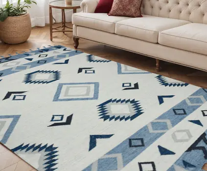 5' X 8' Sky Blue Gray And Black Wool Tribal Flatweave Handmade Area Rug With Fringe