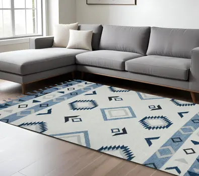 8' X 10' Sky Blue Gray And Black Wool Tribal Flatweave Handmade Area Rug With Fringe