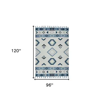 8' X 10' Sky Blue Gray And Black Wool Tribal Flatweave Handmade Area Rug With Fringe